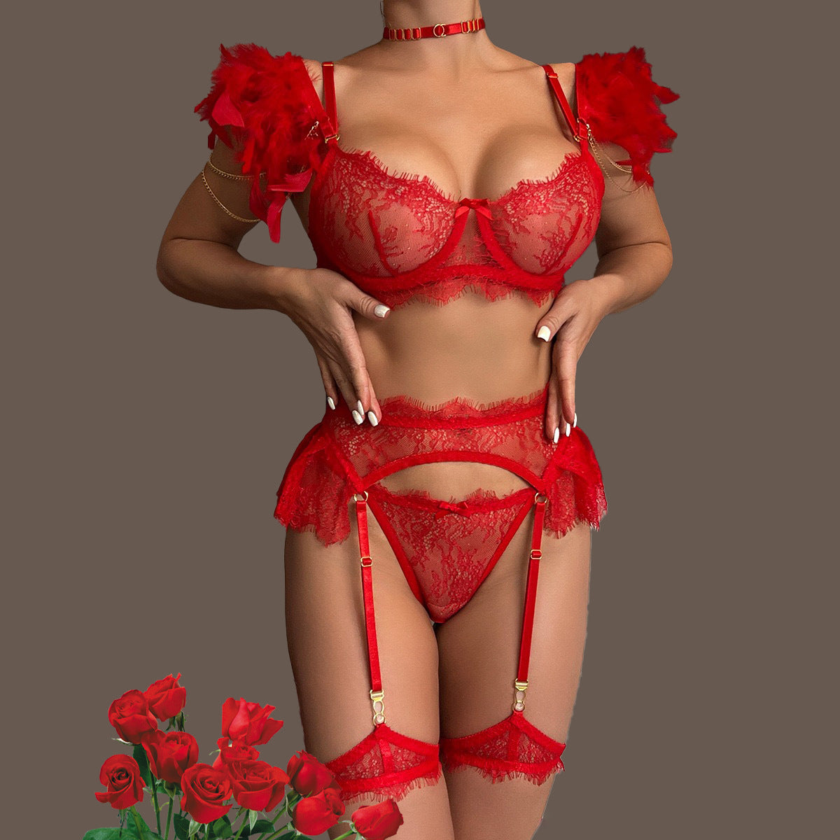 Parure Plumes de Minuit – Ensemble Lingerie 4 Pièces