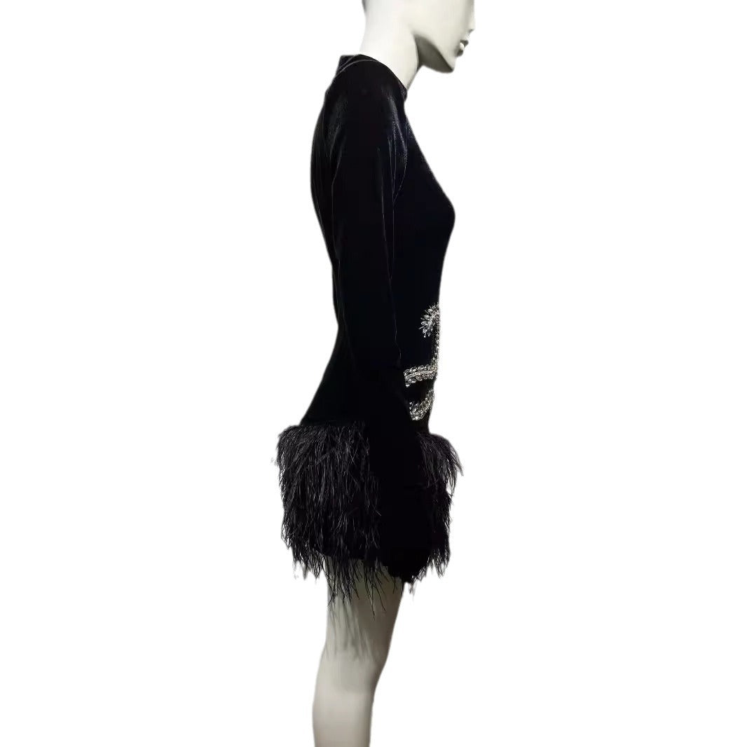 Robe Noire Haute Couture aux Plumes & Éclats de Cristal