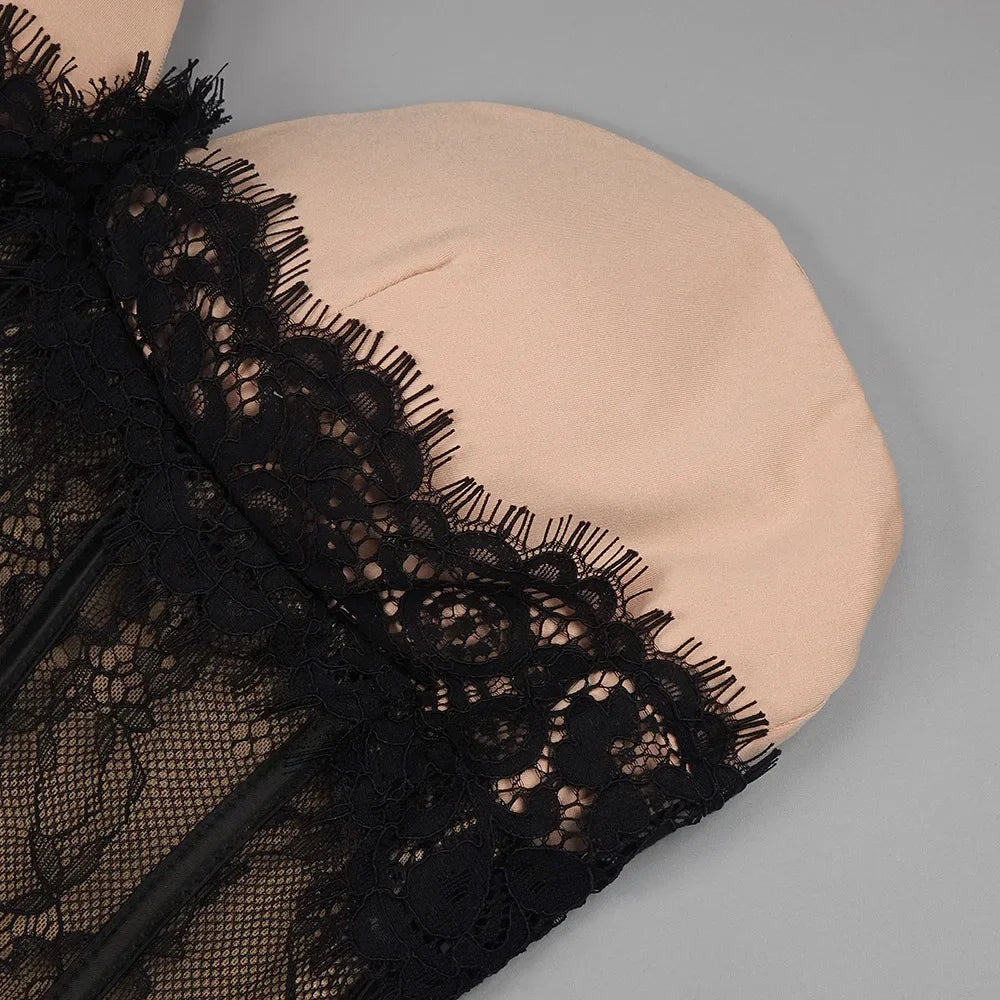 🖤 Robe longue « Mirage d’Obsidienne » – Nude & dentelle noire