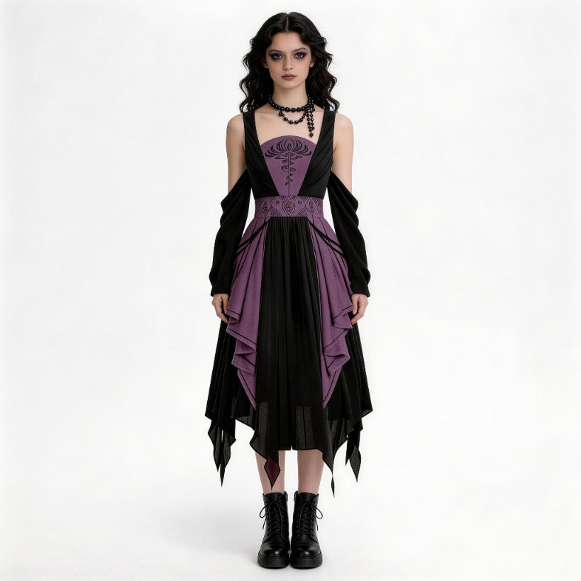 Robe Sorcière Gypsy Gothique Noire & Violette – Esprit Bohème Mystique