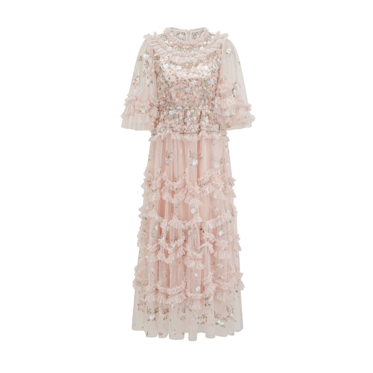🪽 Robe Longue « Rosée des Anges » – Tulle Brodé Rose Poudré