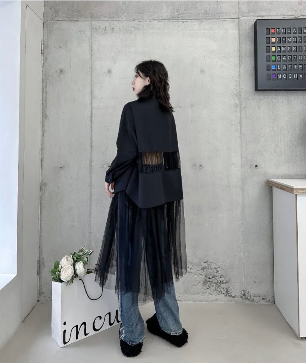 Damenkleid Unregelmäßige Gaze Patchwork Perspektive Hemdblusenkleider Asymmetrische Langarm Loose Casual Kleider Damen