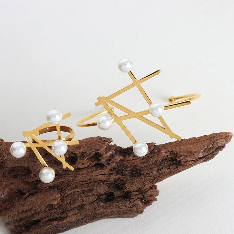 🖤 Parure « Sigil Céleste » – Bracelet & Bague Dorés aux Perles