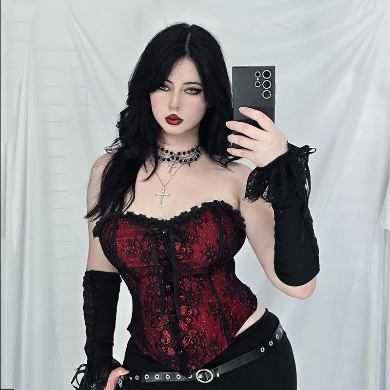Bustier Corset Rouge & Noir en Dentelle – Étreinte Vampirique