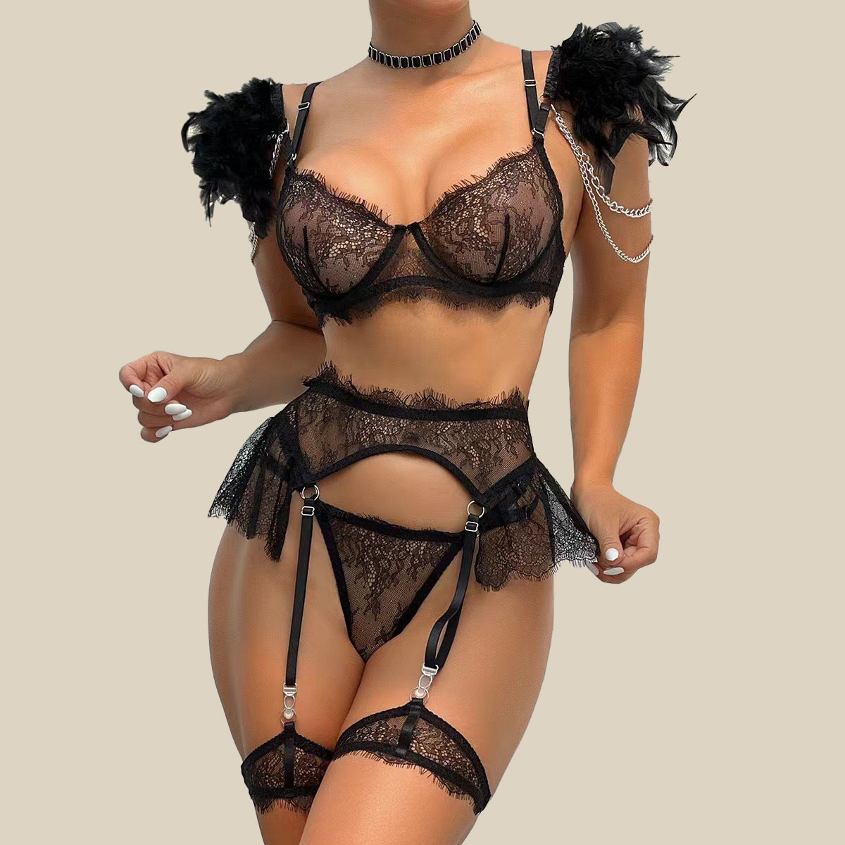 Parure Plumes de Minuit – Ensemble Lingerie 4 Pièces