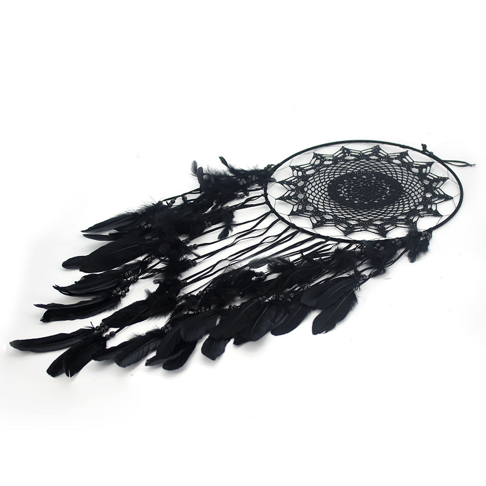 Attrape-Rêves Noir en Dentelle & Plumes – Voile des Songes