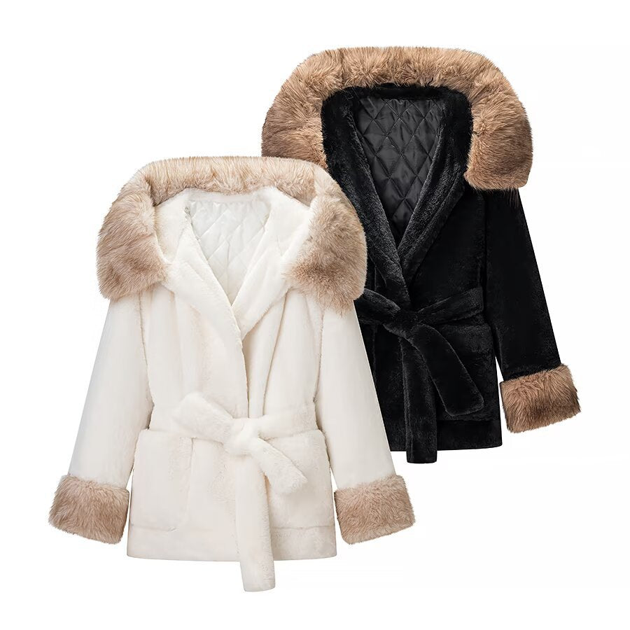 Veste d’Hiver Ceinturée à Capuche Effet Fourrure