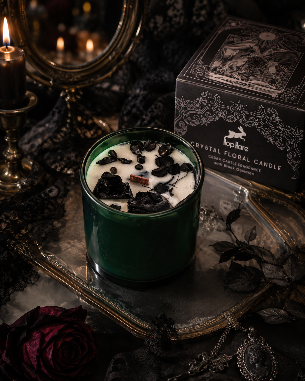 Le Roi des Lames – Bougie Gothique Florale & Cristal d'Obsidienne Noire