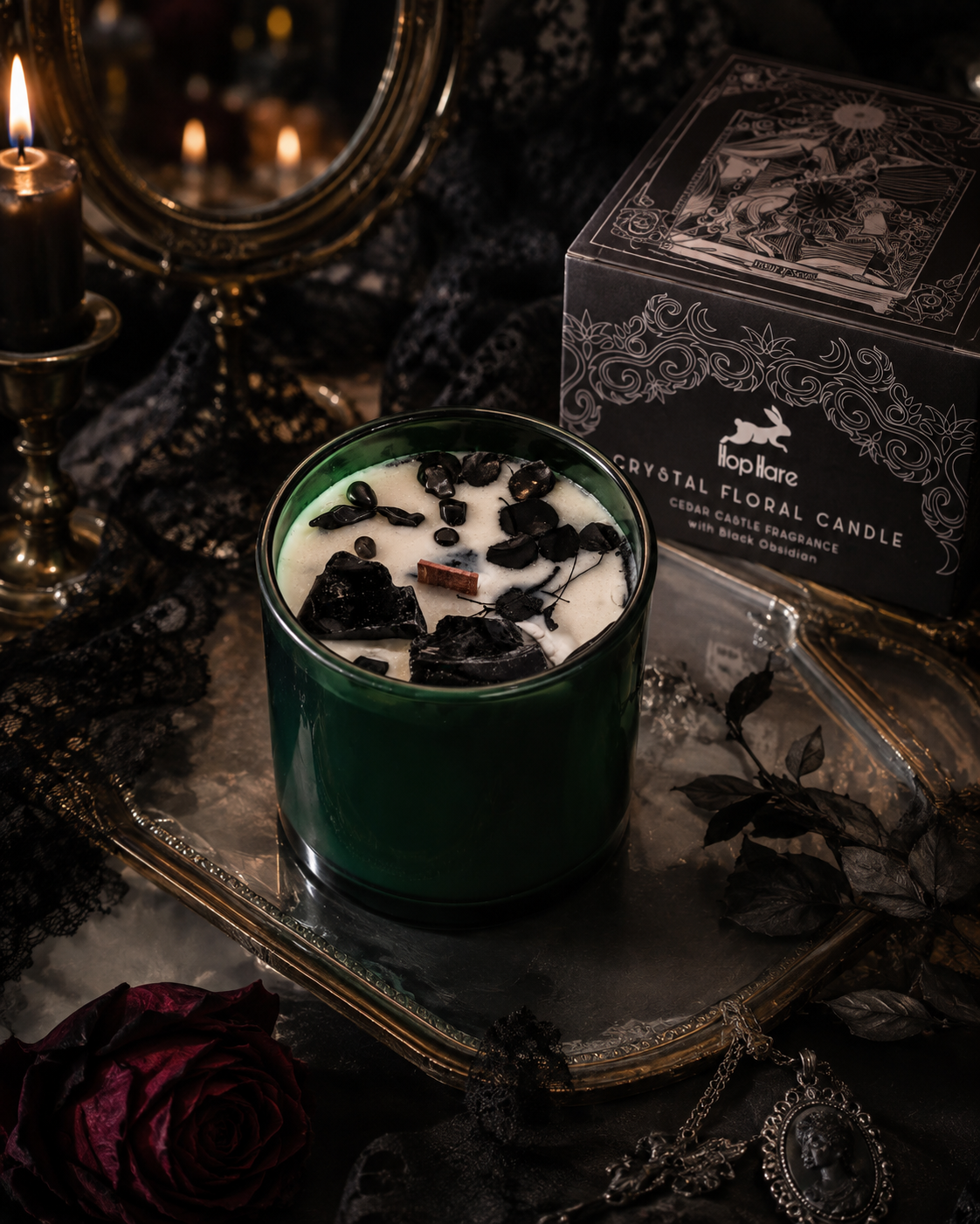 The King of Swords – Gothic Floral Candle & Black Obsidian Crystal