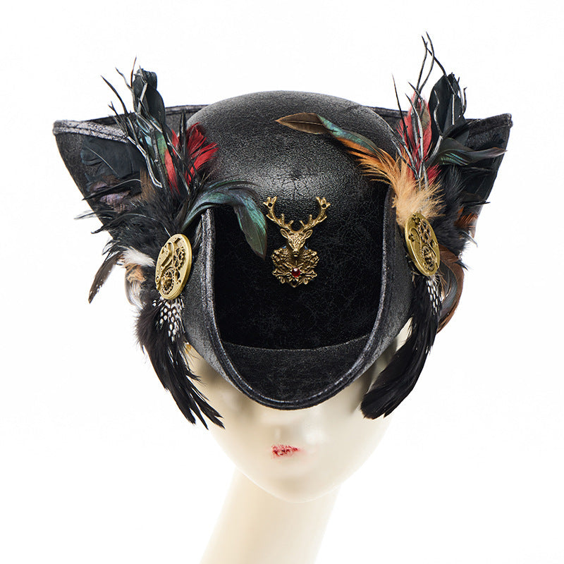 Chapeau Pirate des Abysses – Cuir Sombre, Plumes & Engrenages