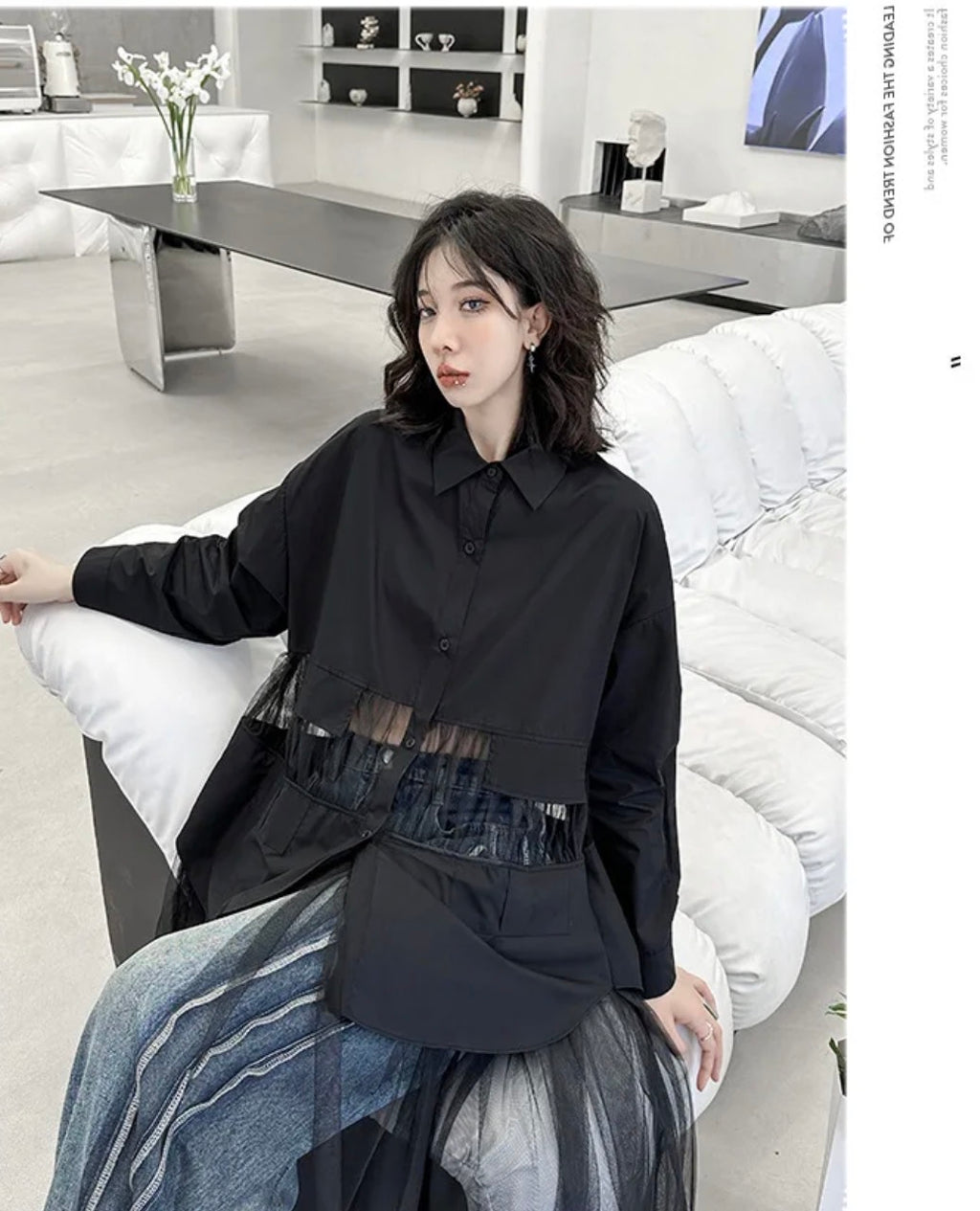 Damenkleid Unregelmäßige Gaze Patchwork Perspektive Hemdblusenkleider Asymmetrische Langarm Loose Casual Kleider Damen