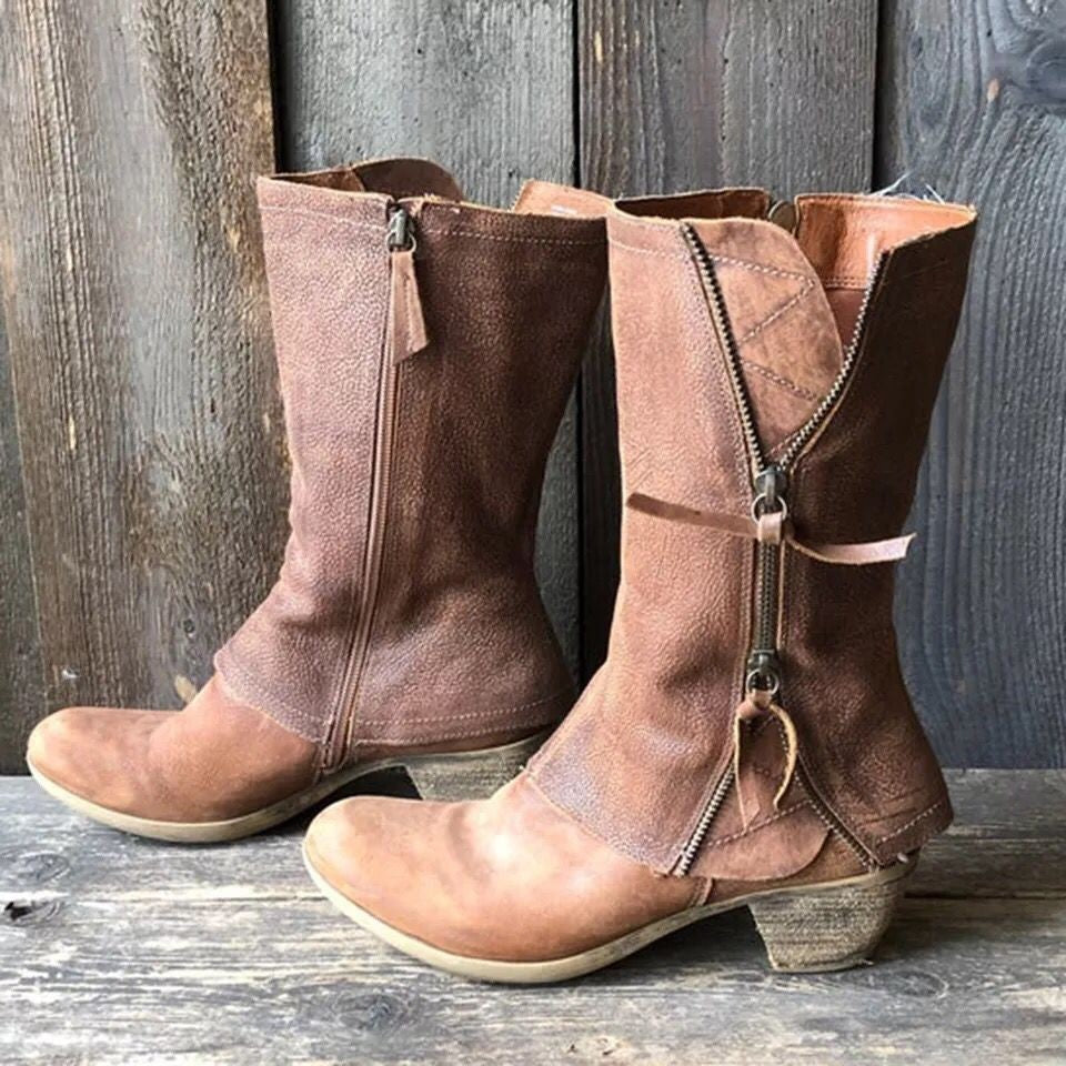 Bottes Femme Vintage – Cuir Effet Vieilli, Boucle & Talon Épais