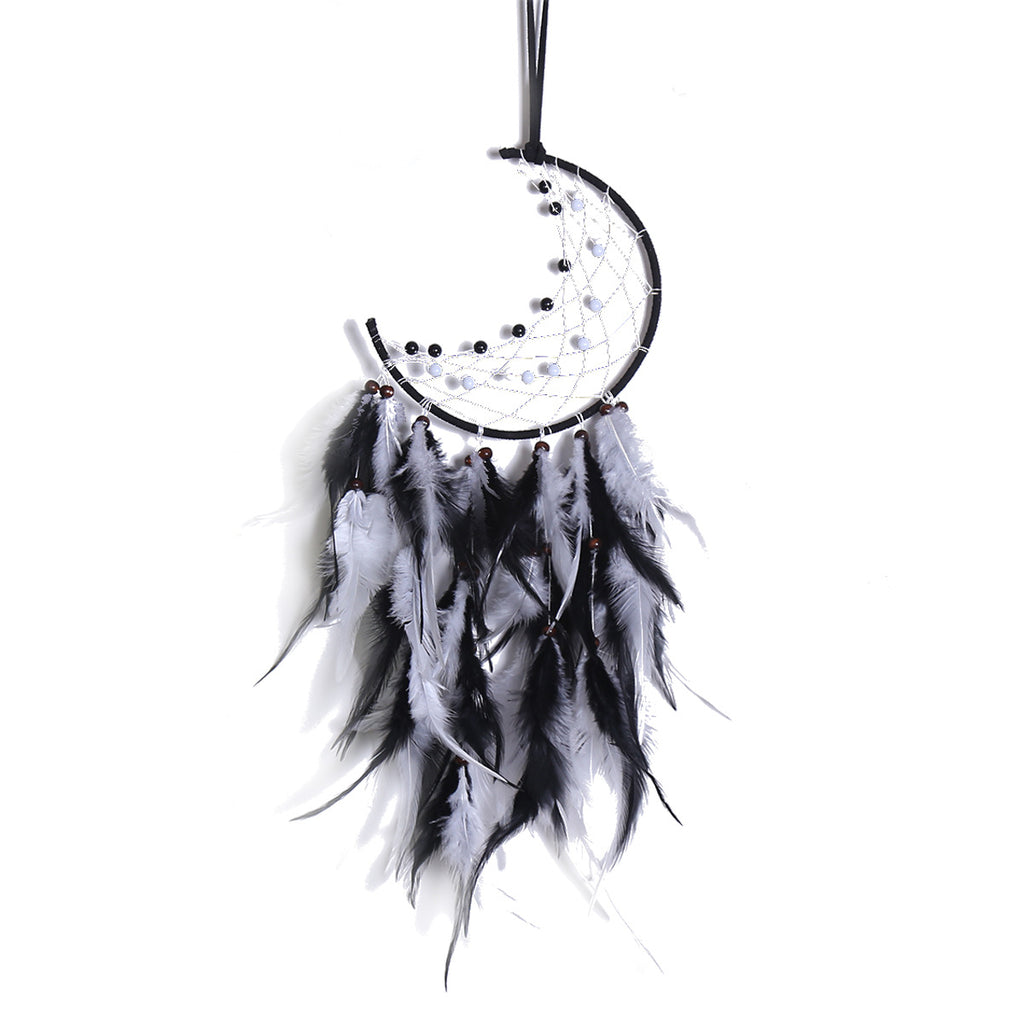 Attrape-Rêves Lunaire Noir & Blanc – Plumes & Lumière Mystique
