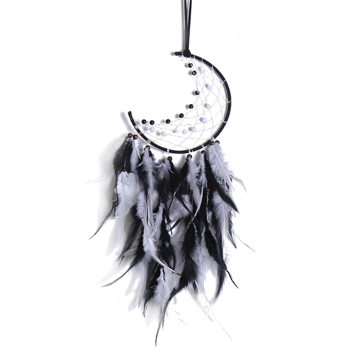 Attrape-Rêves Lunaire Noir & Blanc – Plumes & Lumière Mystique