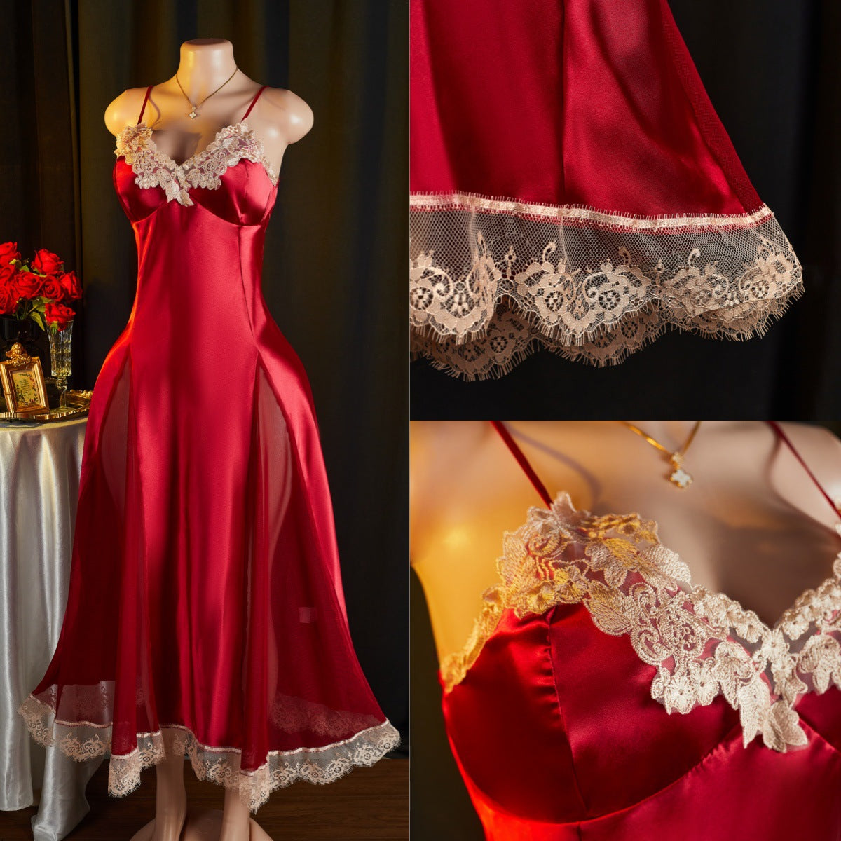 🩸 Étreinte de Minuit — Robe Satinée à Dentelle