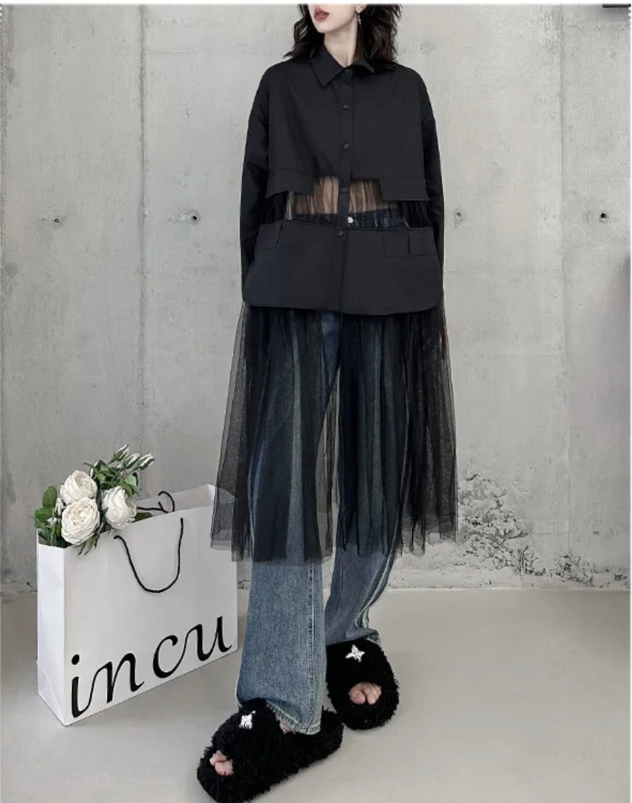 Damenkleid Unregelmäßige Gaze Patchwork Perspektive Hemdblusenkleider Asymmetrische Langarm Loose Casual Kleider Damen