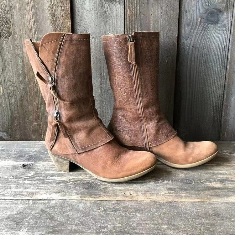 Bottes Femme Vintage – Cuir Effet Vieilli, Boucle & Talon Épais