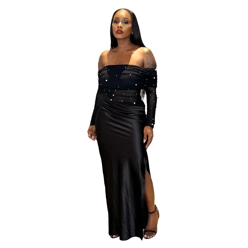 Robe Longue Noire Épaules Dénudées & Fente – Éclat Nocturne