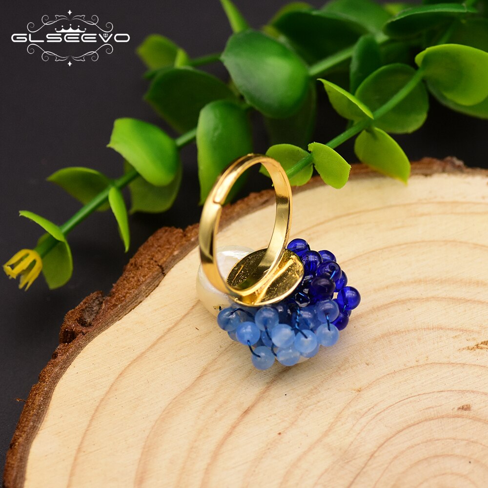 💍 Bague Fleur des Abysses – Perle naturelle & éclats bleus