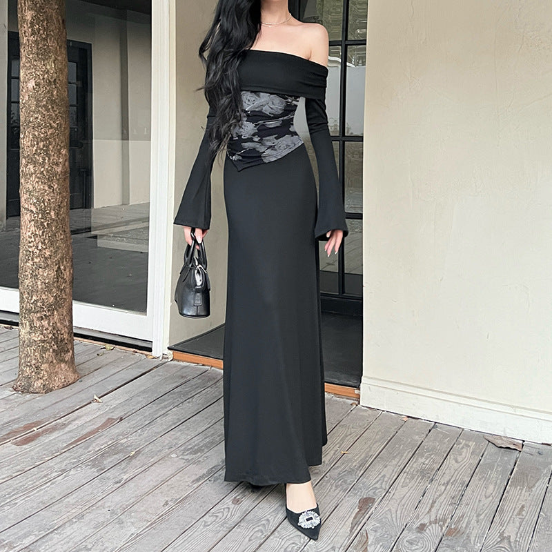 🖤 L’Étreinte de l’Ange Déchu — Robe Longue Noire Asymétrique