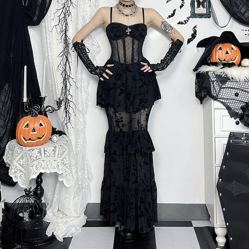 Robe longue gothique en mousseline noire