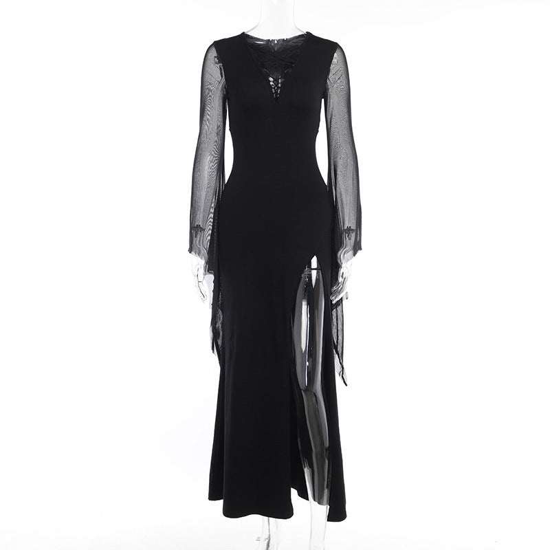 Robe Reine des Abysses – Noire Fendue aux Manches Voilées