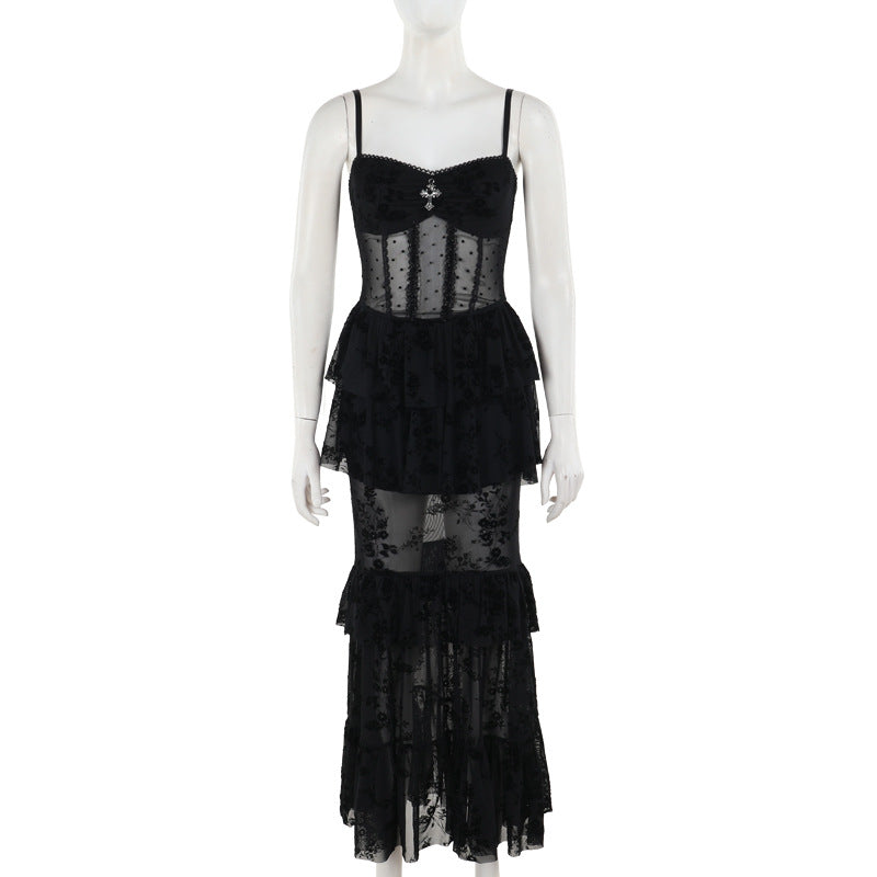 Robe longue gothique en mousseline noire