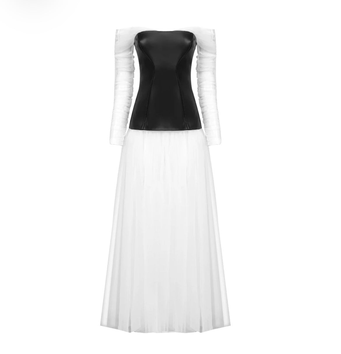 Mesh-PU-Leder-Patchwork-Kleider für Damen, Slash-Neck, lange Ärmel, hohe Taille, elegantes Kleid, Damenmode