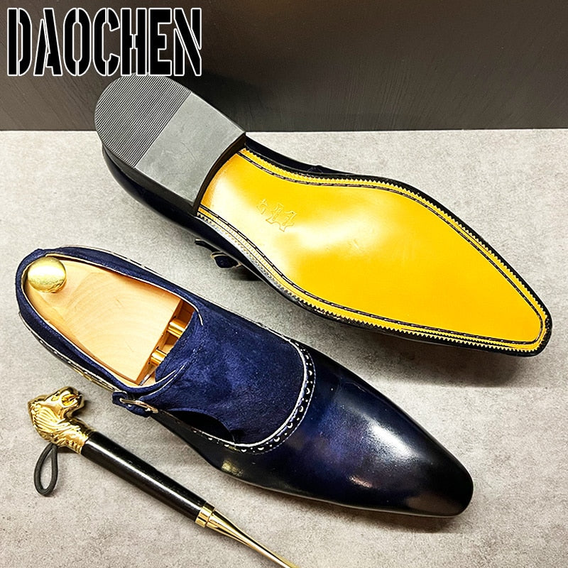 Monk des Ombres – Mocassins Homme en Cuir & Suède Bleu Nuit