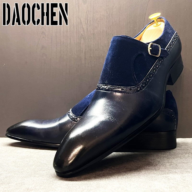 Monk des Ombres – Mocassins Homme en Cuir & Suède Bleu Nuit