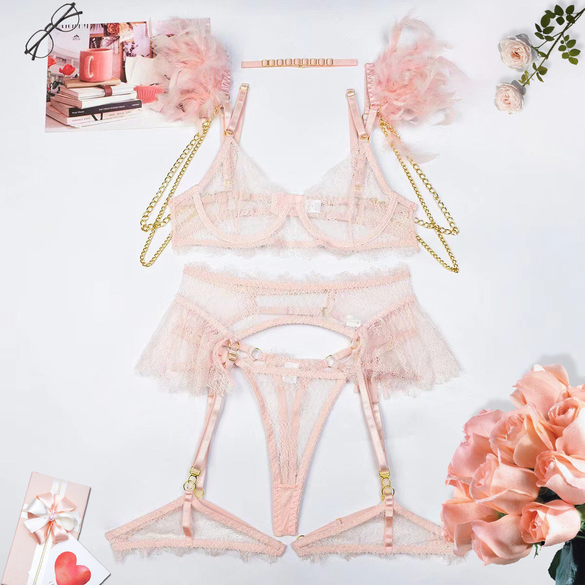 Parure Plumes de Minuit – Ensemble Lingerie 4 Pièces