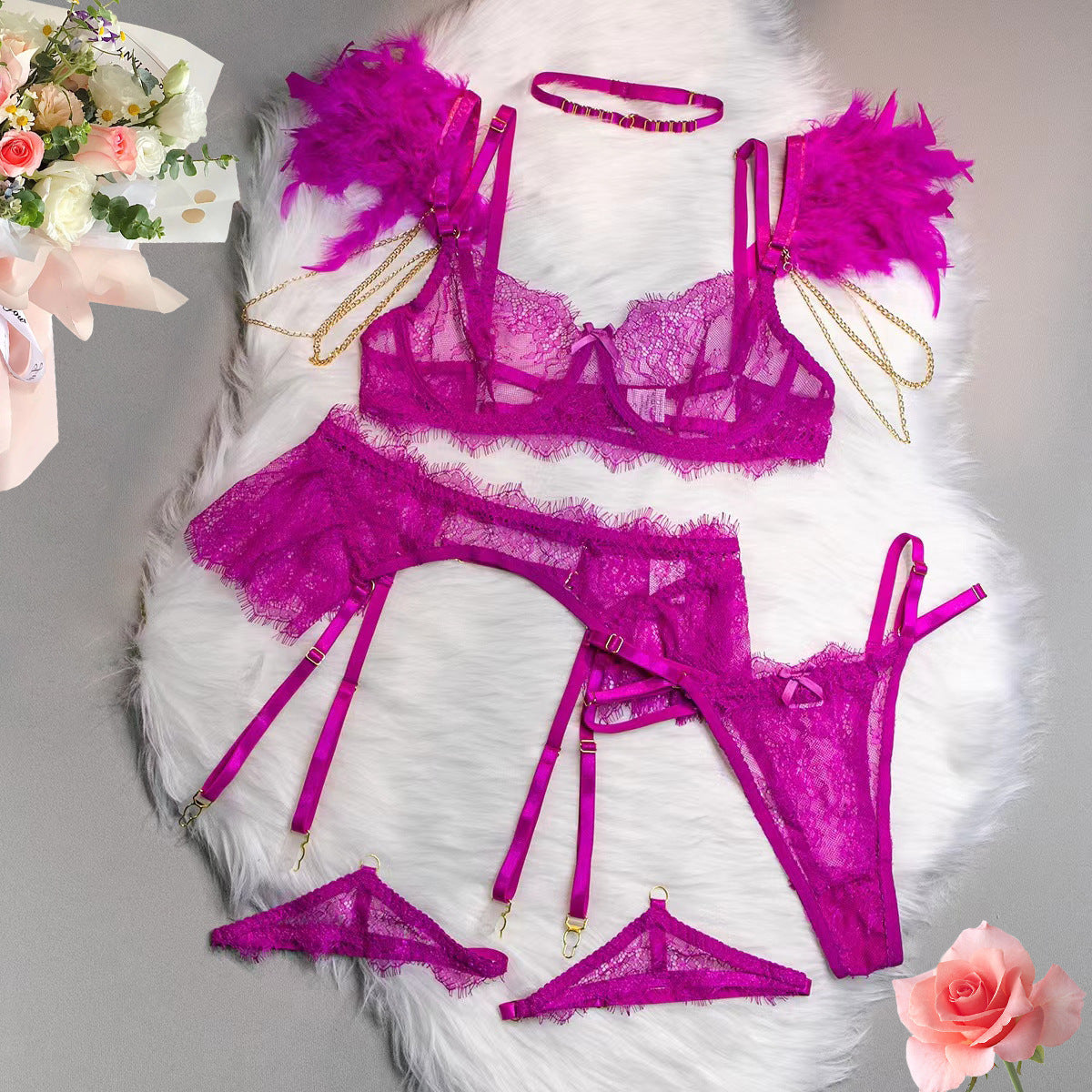 Parure Plumes de Minuit – Ensemble Lingerie 4 Pièces