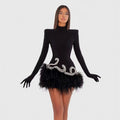Robe Noire Haute Couture aux Plumes & Éclats de Cristal