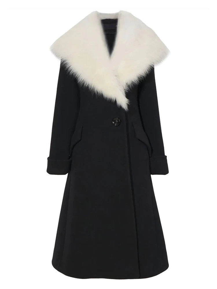 Manteau Impérial de l’Hiver Noir – Grand Col Fourrure & Coupe Longue