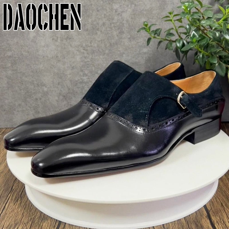 Monk des Ombres – Mocassins Homme en Cuir & Suède Bleu Nuit