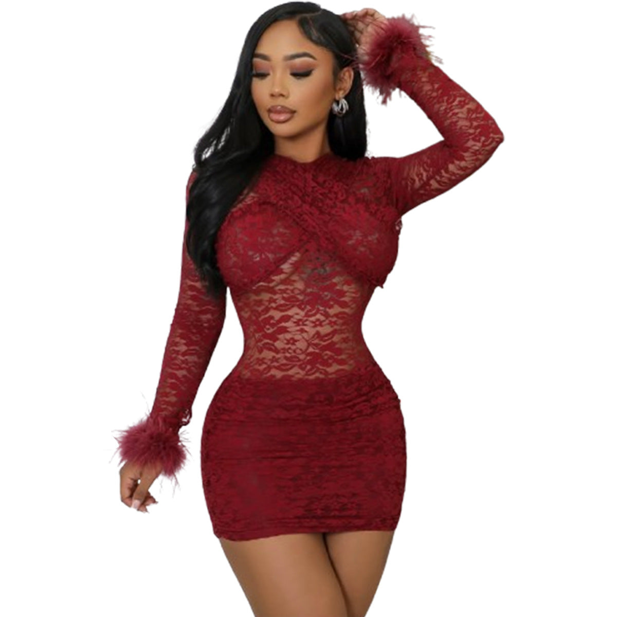 Robe Étreinte Pourpre – Dentelle & Plumes