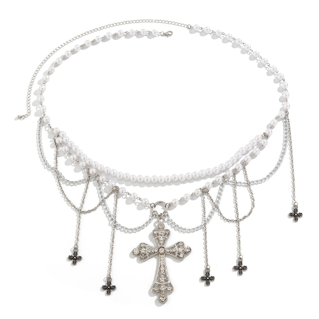 Chaîne de taille gothique Croix & Perles – Reliquaire d’Argent