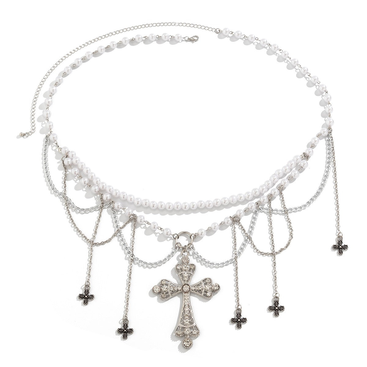 Chaîne de taille gothique Croix & Perles – Reliquaire d’Argent