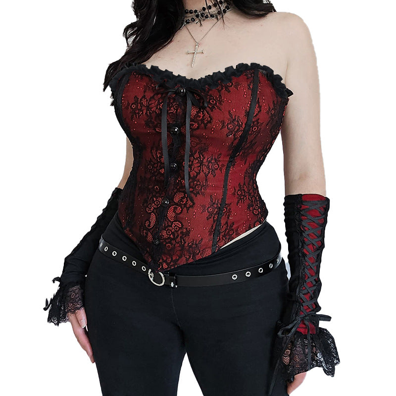 Bustier Corset Rouge & Noir en Dentelle – Étreinte Vampirique