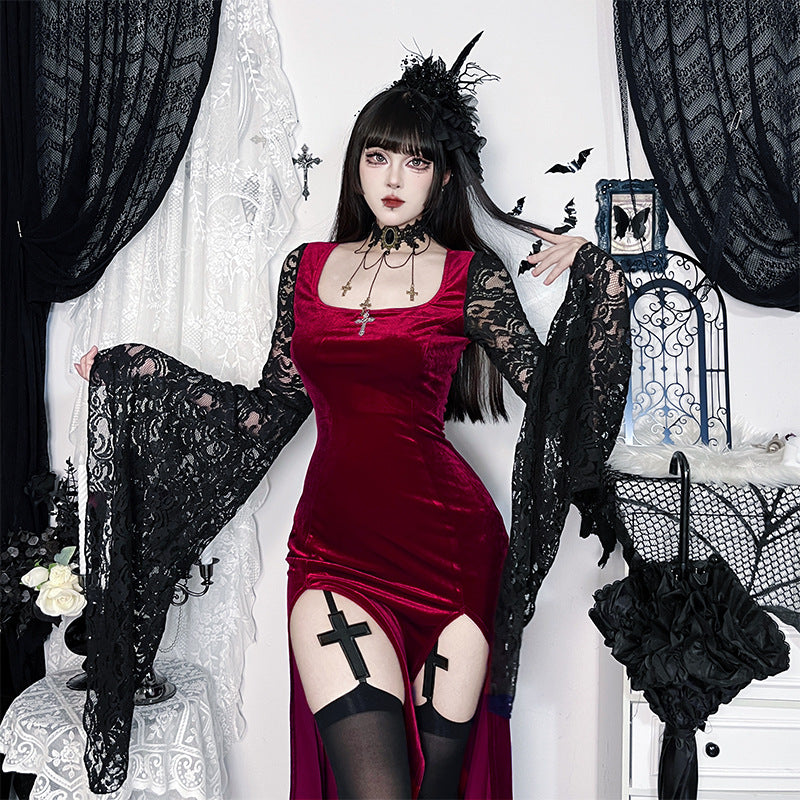 Robe Vampire Écarlate – Velours Rouge & Dentelle Noire