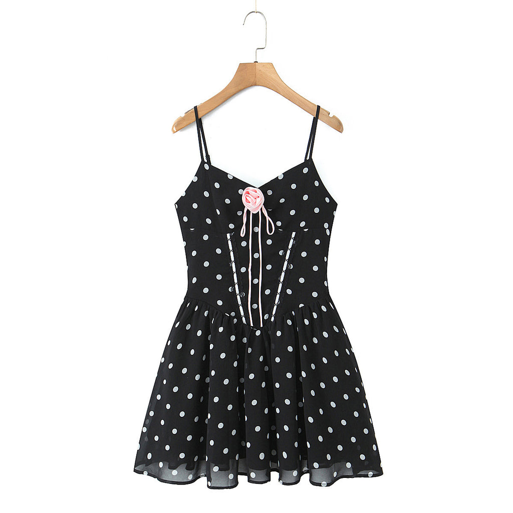 Robe Courte Asymétrique Noire à Pois & Fleurs