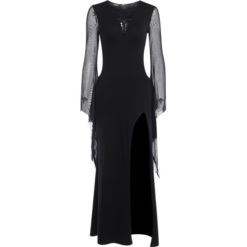 Robe Reine des Abysses – Noire Fendue aux Manches Voilées