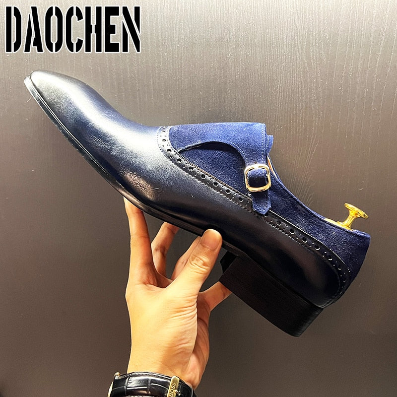 Monk des Ombres – Mocassins Homme en Cuir & Suède Bleu Nuit