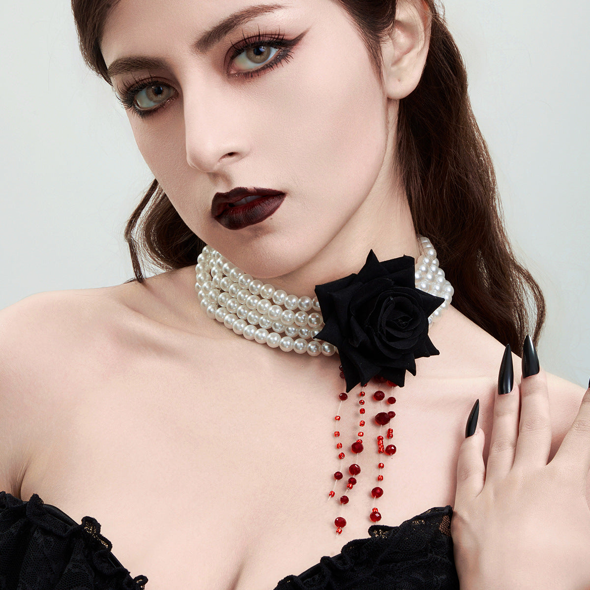 Parure Gothique Rose Noire & Gouttes de Sang