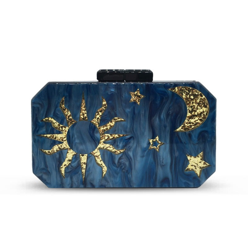 🌙 Minaudière Céleste Soleil & Lune – Bleu Nuit Doré