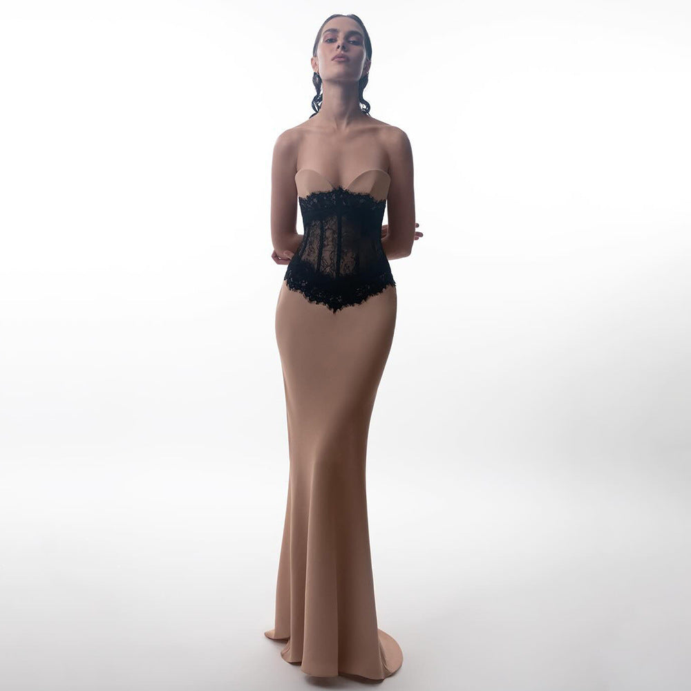 🖤 Robe longue « Mirage d’Obsidienne » – Nude & dentelle noire