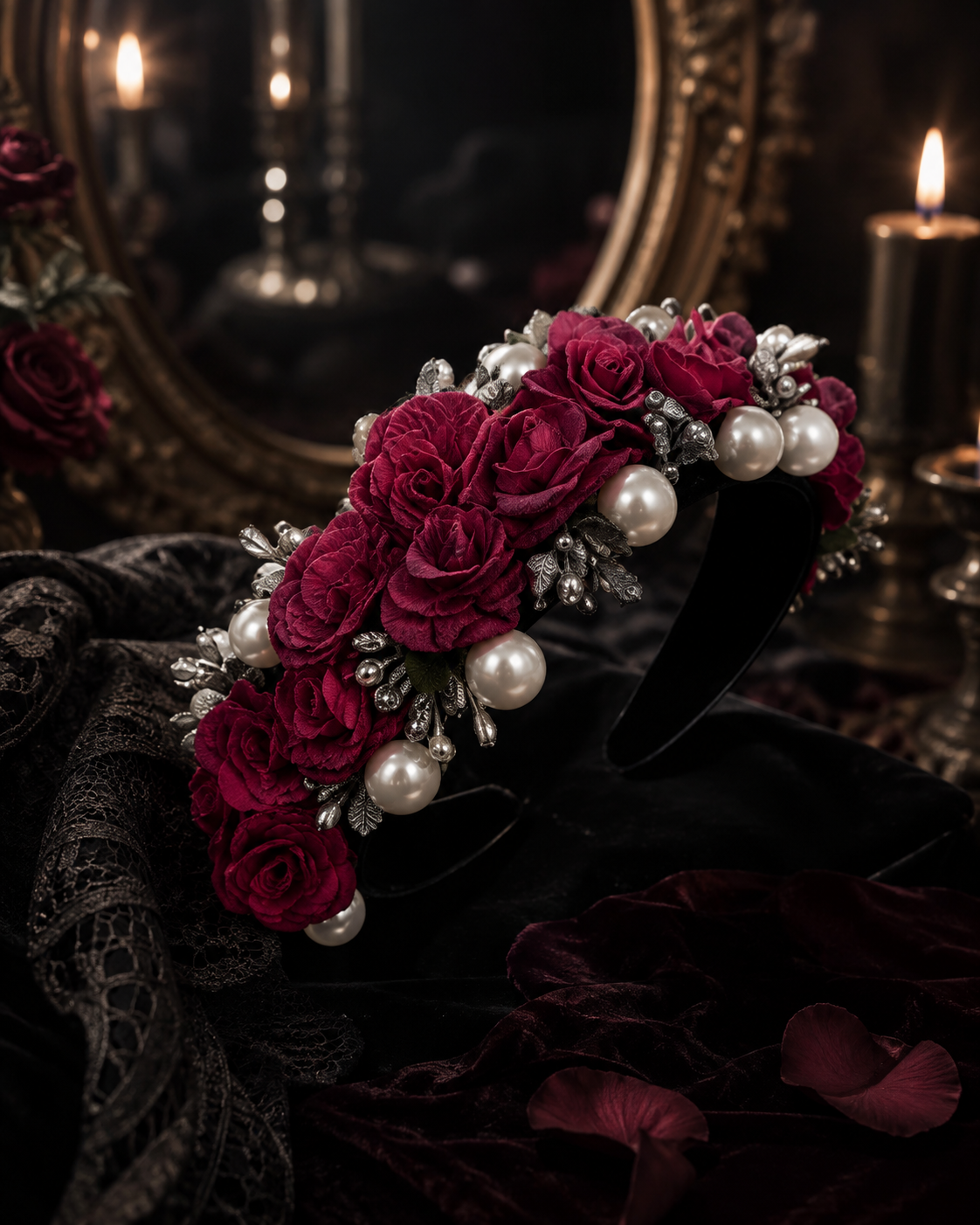 The Purple Bride's Crown — Baroque Rose and Pearl Headband