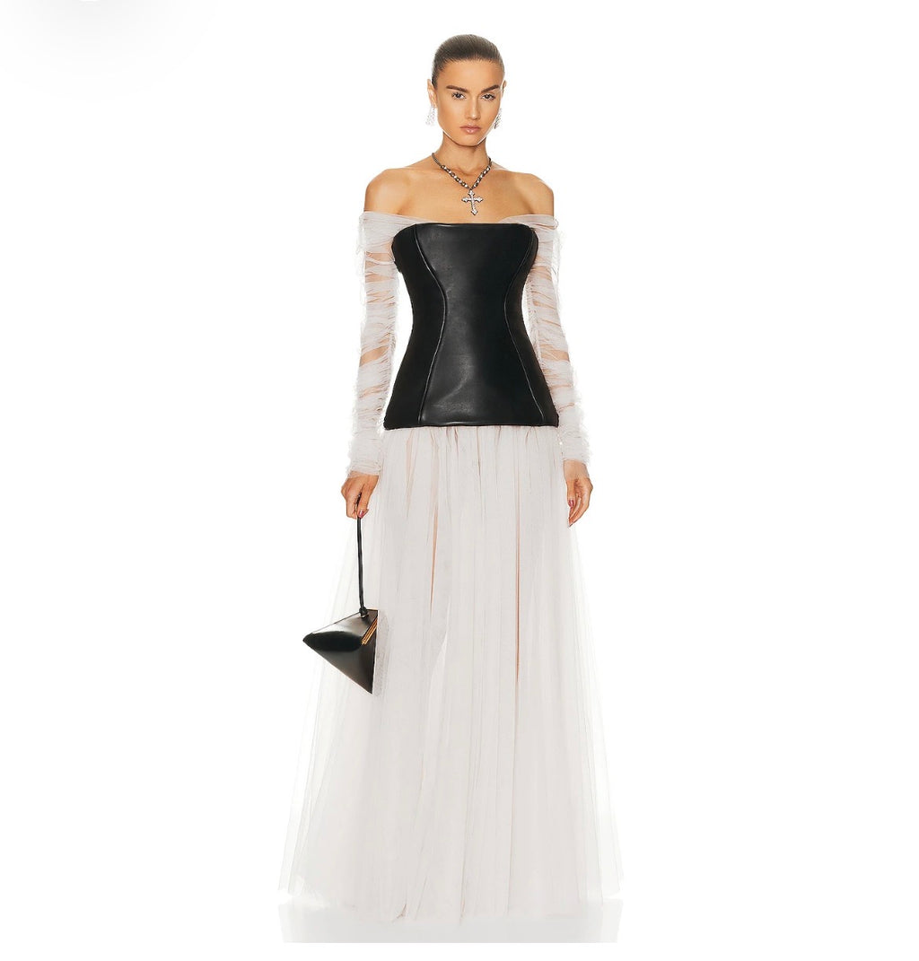 Mesh-PU-Leder-Patchwork-Kleider für Damen, Slash-Neck, lange Ärmel, hohe Taille, elegantes Kleid, Damenmode