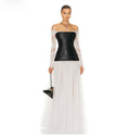 Mesh-PU-Leder-Patchwork-Kleider für Damen, Slash-Neck, lange Ärmel, hohe Taille, elegantes Kleid, Damenmode