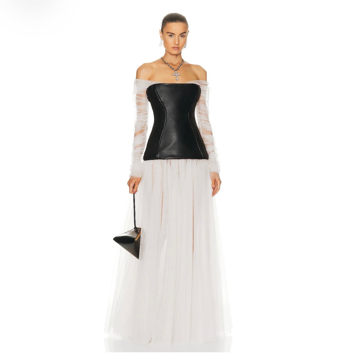 Mesh-PU-Leder-Patchwork-Kleider für Damen, Slash-Neck, lange Ärmel, hohe Taille, elegantes Kleid, Damenmode